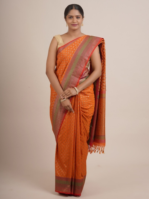 

Pothys Orange & Green Ethnic Motifs Zari Pure Silk Saree