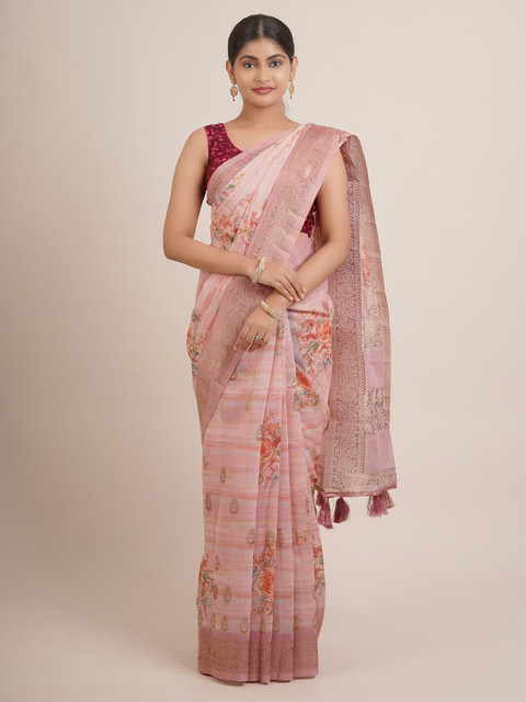 

Pothys Pink & Gold-Toned Floral Zari Pure Silk Saree