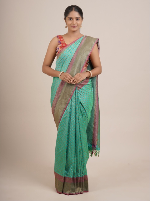 

Pothys Green & Purple Floral Zari Pure Silk Saree