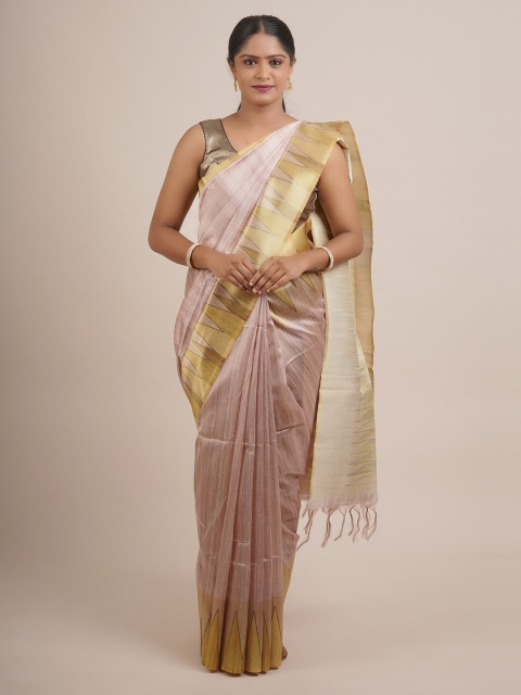 

Pothys Pink & Gold-Toned Printed Border Pure Silk Saree