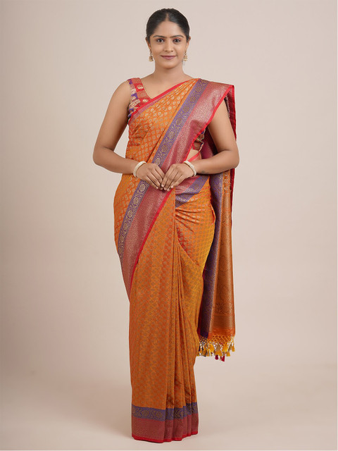 

Pothys Mustard & Gold-Toned Woven Design Zari Pure Silk Saree