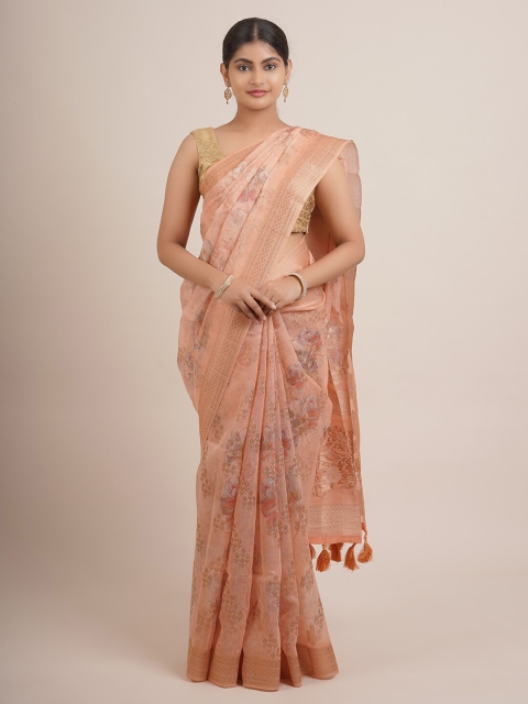 

Pothys Peach-Coloured & Copper-Toned Floral Zari Art Silk Saree