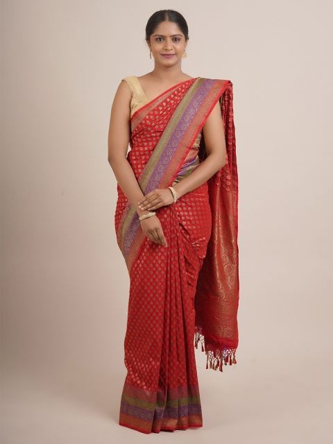 

Pothys Red & Green Floral Zari Pure Silk Saree