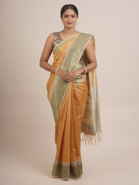 

Pothys Mustard & Green Printed Border Pure Silk Saree