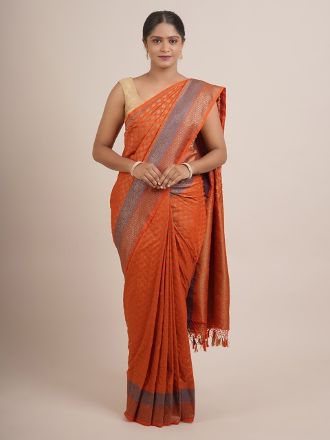 

Pothys Orange & Blue Floral Zari Pure Silk Saree