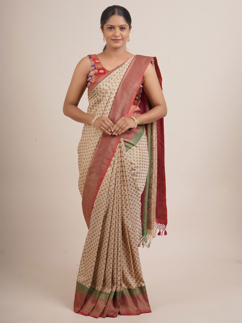 

Pothys Cream-Coloured & Red Woven Design Zari Pure Silk Saree