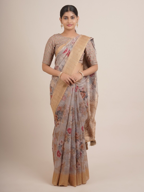 

Pothys Grey & Gold-Toned Floral Pure Silk Saree