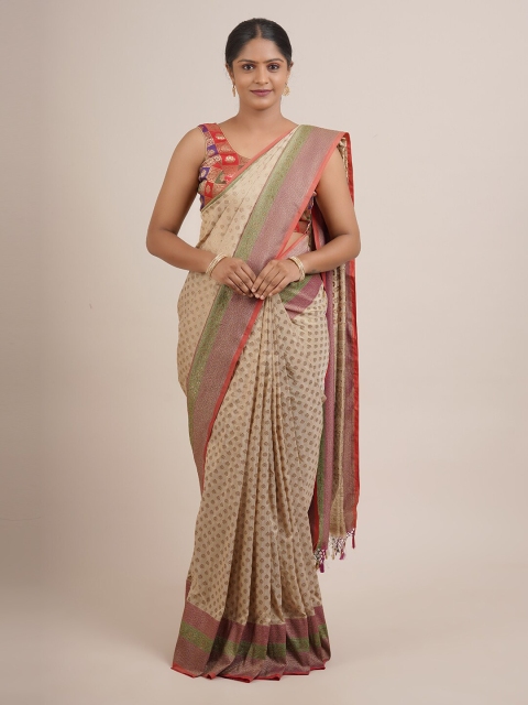 

Pothys Cream-Coloured & Green Ethnic Motifs Zari Pure Silk Saree