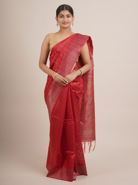 

Pothys Red & Silver-Toned Floral Pure Silk Saree