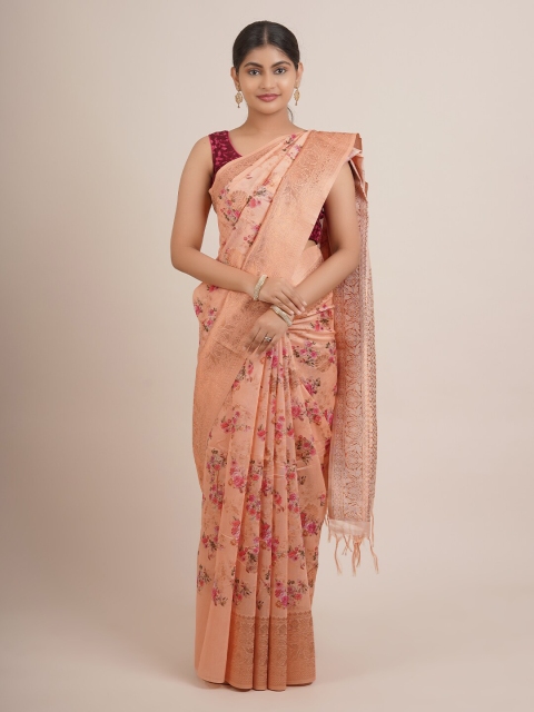 

Pothys Peach-Coloured & White Floral Zari Pure Silk Saree