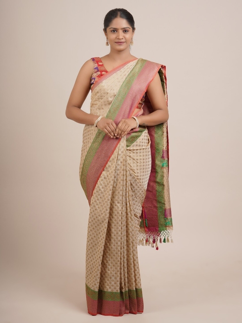 

Pothys Cream-Coloured & Pink Woven Design Banaras Silk Saree