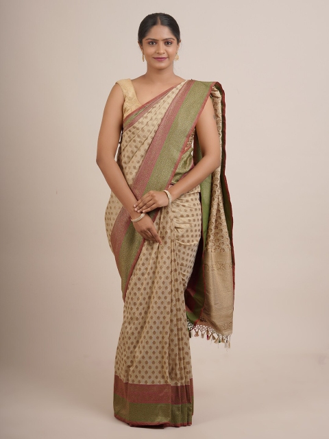 

Pothys Cream-Coloured & Golden Ethnic Motifs Zari Pure Silk Banarasi Saree