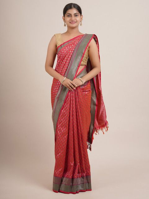 

Pothys Pink & Silver-Toned Floral Woven Design Zari Pure Silk Saree