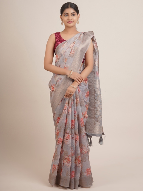 

Pothys Grey & Peach-Coloured Floral Pure Silk Saree