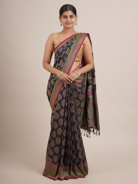 

Pothys Navy Blue & Green Ethnic Motifs Pure Silk Banarasi Saree