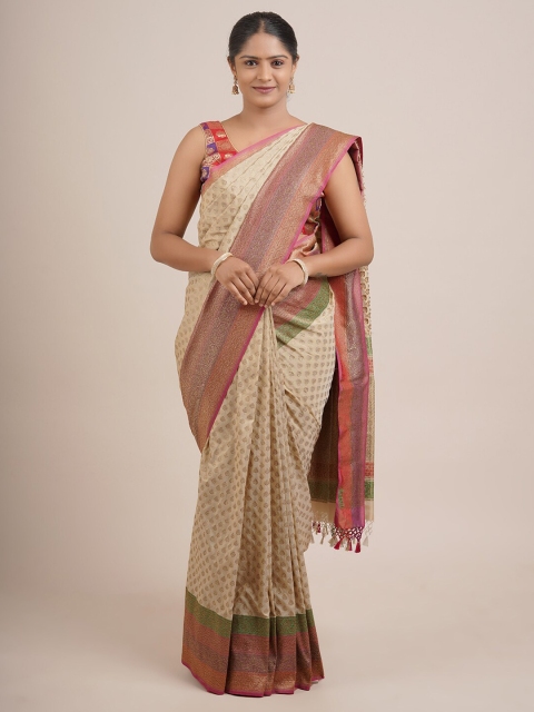 

Pothys Cream-Coloured & Golden Ethnic Motifs Zari Pure Silk Banarasi Saree