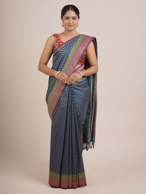

Pothys Blue & Gold-Toned Woven Design Pure Silk Saree