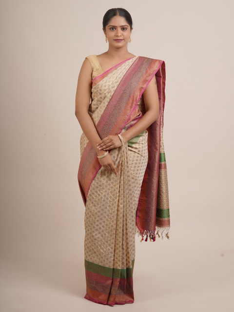 

Pothys Cream-Coloured & Green Floral Pure Silk Saree