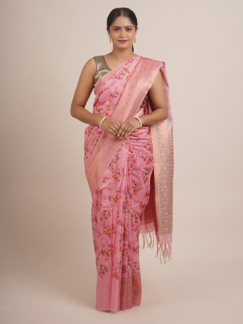 

Pothys Pink & Green Floral Pure Silk Saree