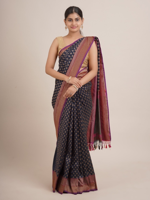 

Pothys Navy Blue & Gold-Toned Floral Pure Silk Saree