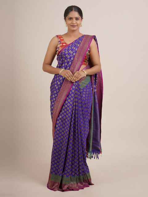 

Pothys Blue & Gold-Toned Floral Pure Silk Saree