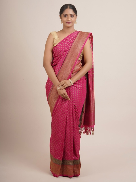 

Pothys Pink & Purple Floral Woven Design Zari Pure Silk Saree