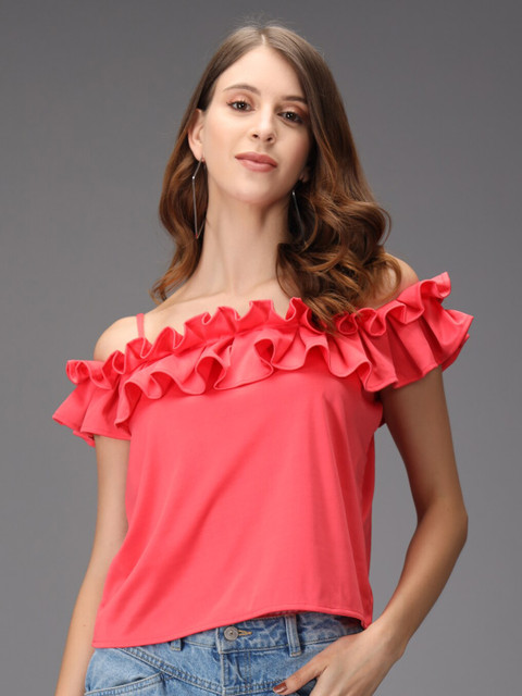 

Darzi Pink Off-Shoulder Ruffles Bardot Top