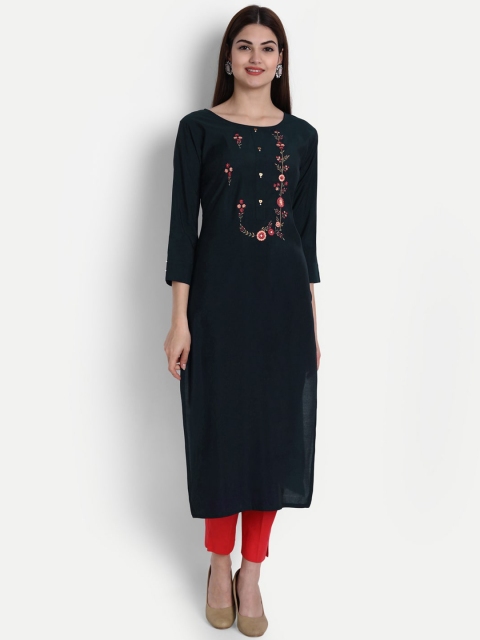 

arangya Women Navy Blue Ethnic Motifs Yoke Design Chinon Kurta