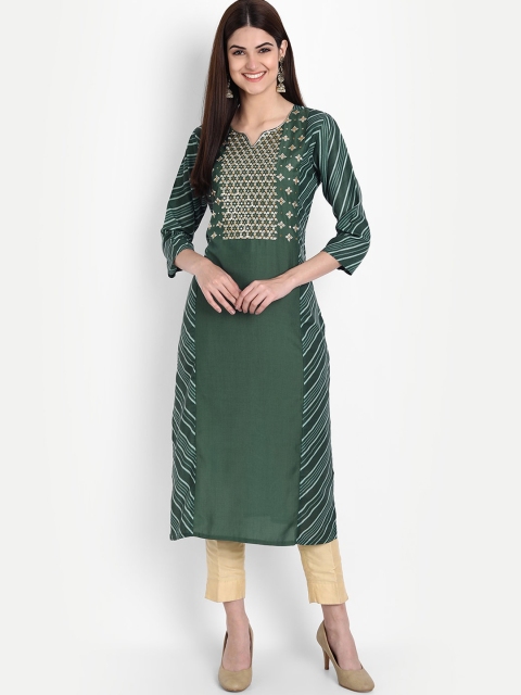 

arangya Women Green Striped Thread Work Kurta