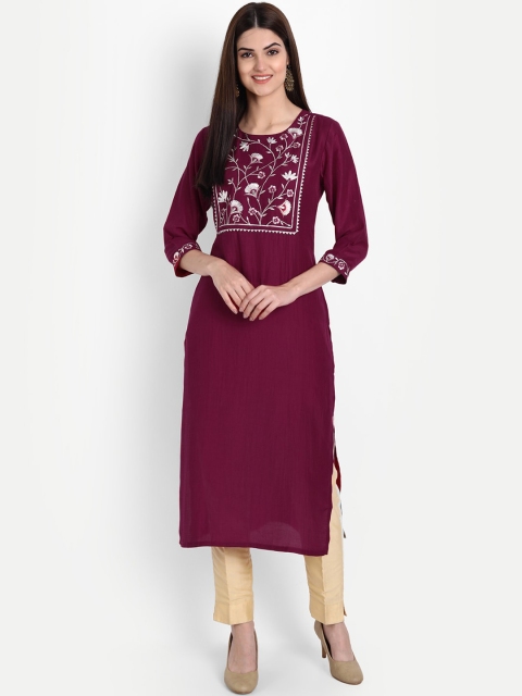 

arangya Women Pink Floral Yoke Design Thread Work Muslin Kurta