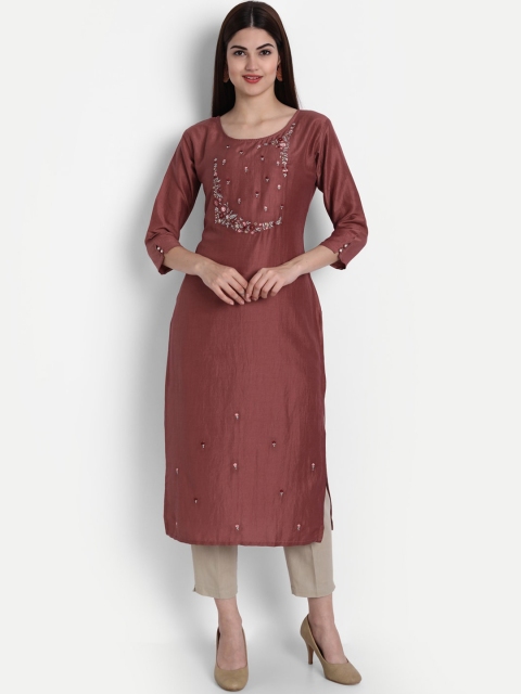 

arangya Women Pink Floral Embroidered Thread Work Chinon Kurta
