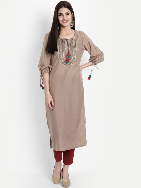 

arangya Women Beige Geometric Embroidered Straight Kurta