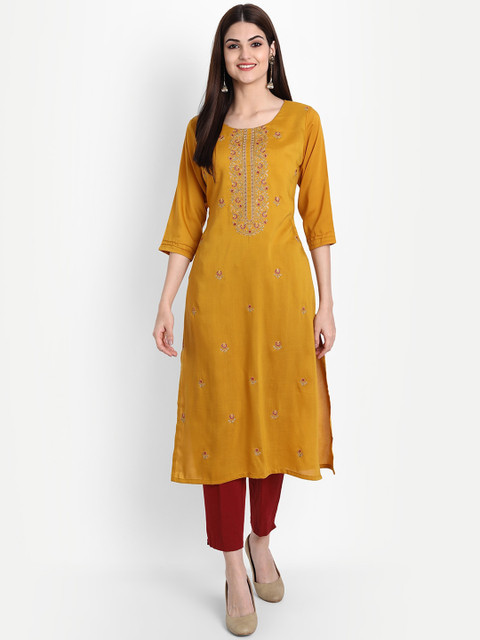 

arangya Women Yellow Floral Embroidered Thread Work Kurta