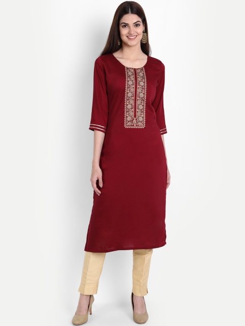 

arangya Women Red Yoke Design Thread Work Kurta