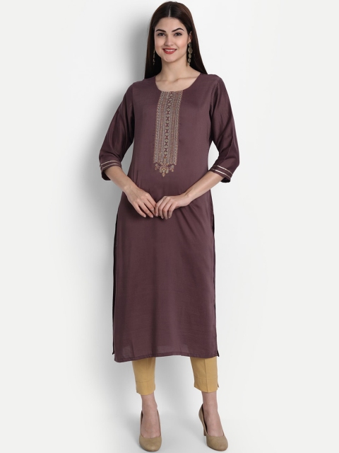 

arangya Women Aubergine & Gold Yoke Embroidered Straight Kurta, Purple