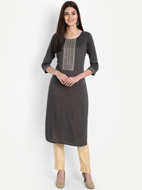 

arangya Women Grey Yoke Design Embroidered Straight Kurta