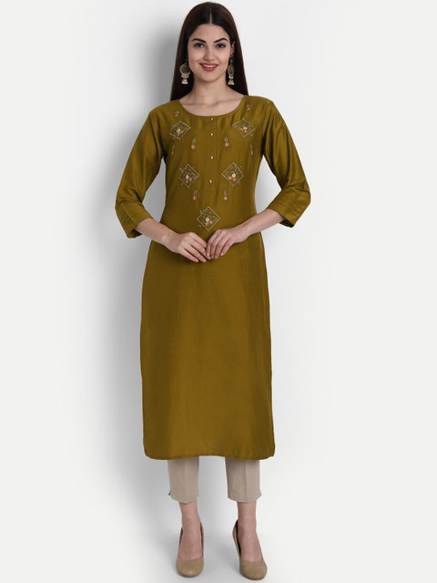 

arangya Women Yellow Embroidered Thread Work Kurta
