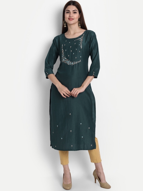 

arangya Women Blue Geometric Embroidered Flared Sleeves Kurta