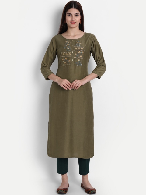 

arangya Women Brown Floral Yoke Design Thread Work Chinon Kurta