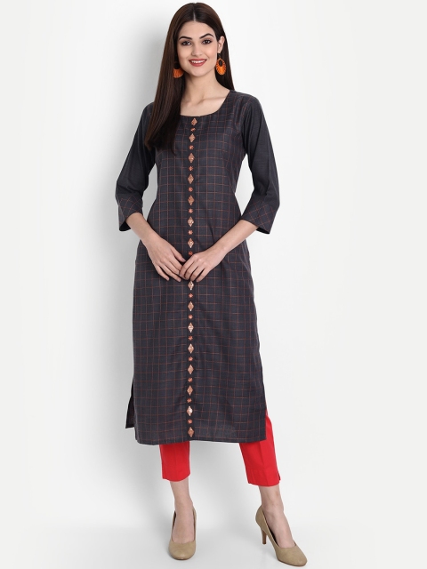 

arangya Women Charcoal Grey Checked Thread Work Straight Kurta
