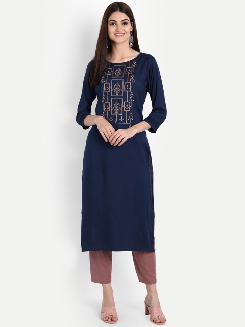 

arangya Women Navy Blue Geometric Embroidered Thread Work Kurta