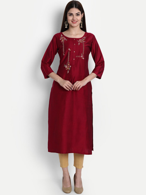 

arangya Women Red Embroidered Thread Work Silk Kurta