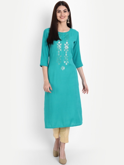 

arangya Women Sea Green Embroidered Round Neck Straight Kurta