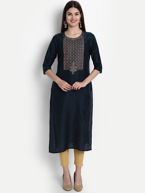 

arangya Women Navy Blue Yoke Design Kurta