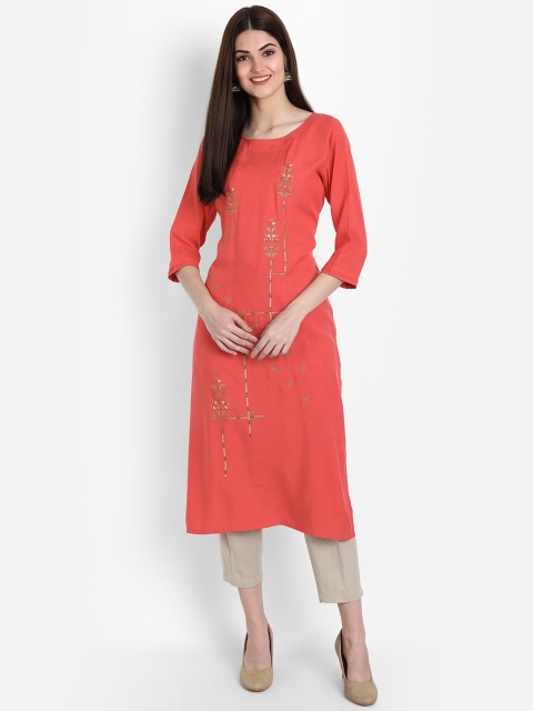 

arangya Women Peach-Coloured Floral Round Neck Straight Kurta