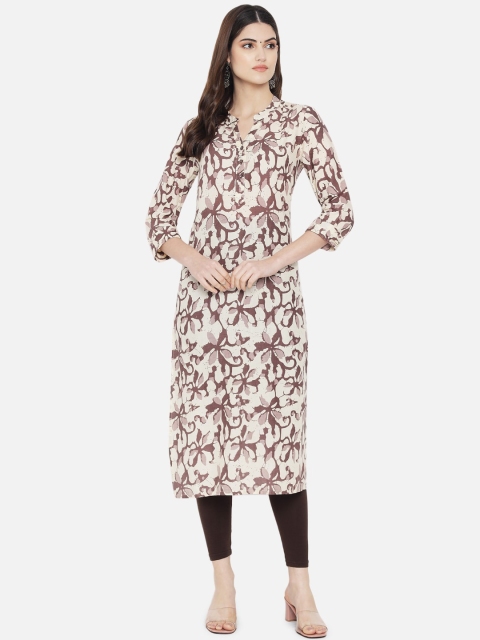 

arangya Women Cream-Coloured & Brown Floral Printed Floral Kurta
