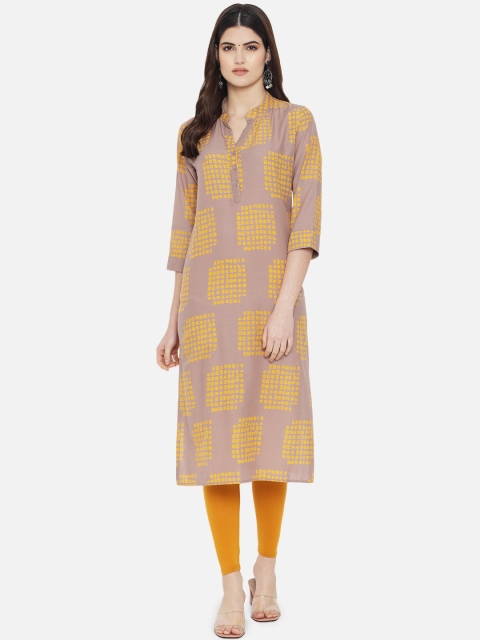 

arangya Women Beige & Yellow Printed Block Print Kurta