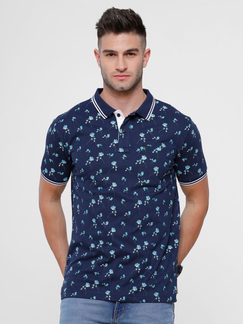 

Classic Polo Men Navy Blue Printed Polo Collar Pure Cotton Slim Fit T-shirt