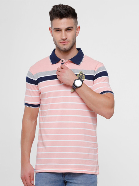 

Classic Polo Men Pink & White Striped Polo Collar Cotton T-shirt