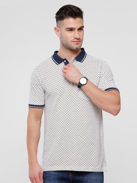 

Classic Polo Men White & Navy Blue Printed Polo Collar Slim Fit T-shirt